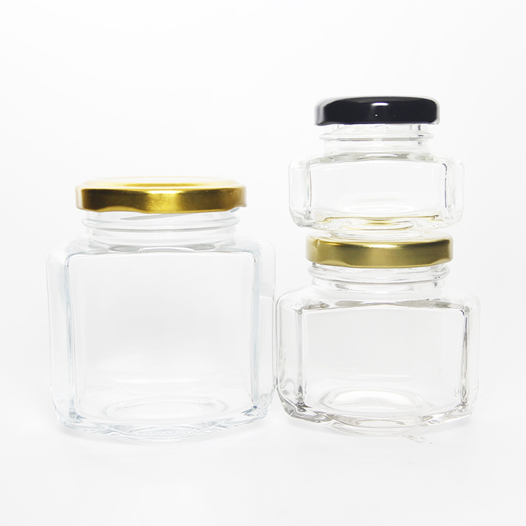 Oval Hexagonal Glass Honey Jar With Metal Lid, Honey Glass Container
