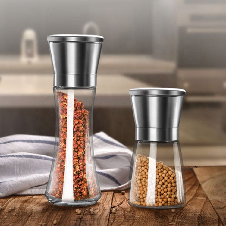 Various Size Glass Jar Bottle with Grinder Cap in Kitchen