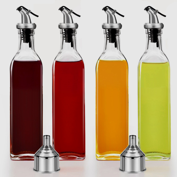 Clear Unique Glass Oil Bottle with Pour Lid