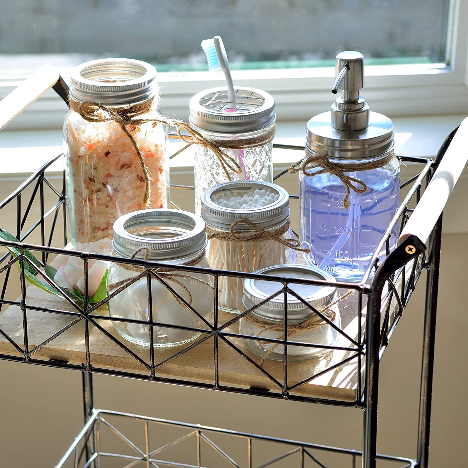 Mason Jar Bathroom Gift Set-Lotion/Soap Dispenser, Toothbrush Holder, Storage Jars