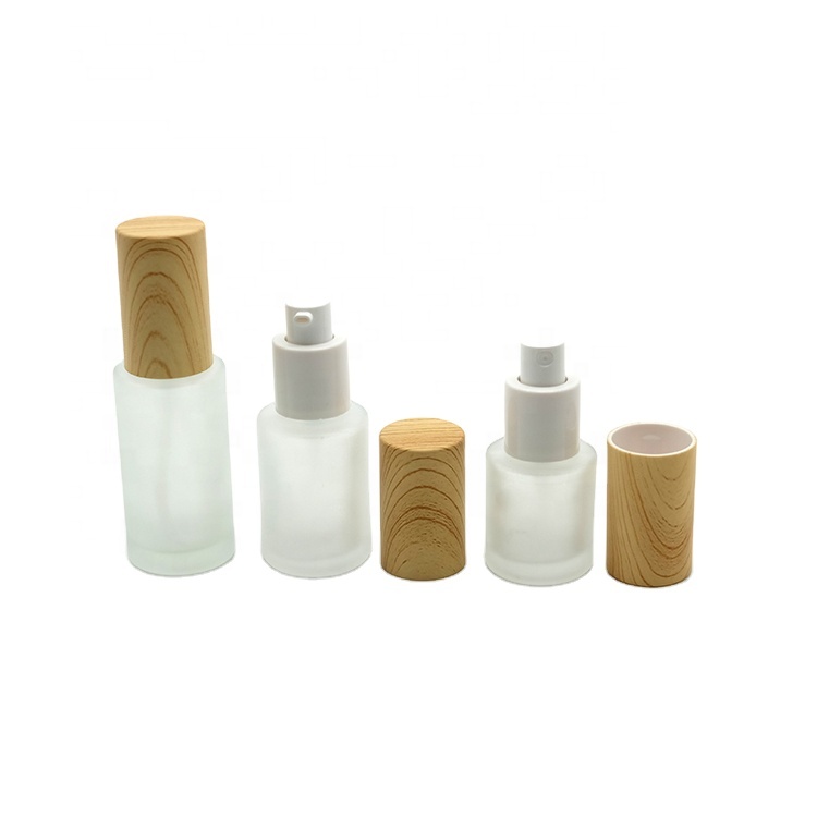 Frosted Glass Bottle with Pump and Wood Lid